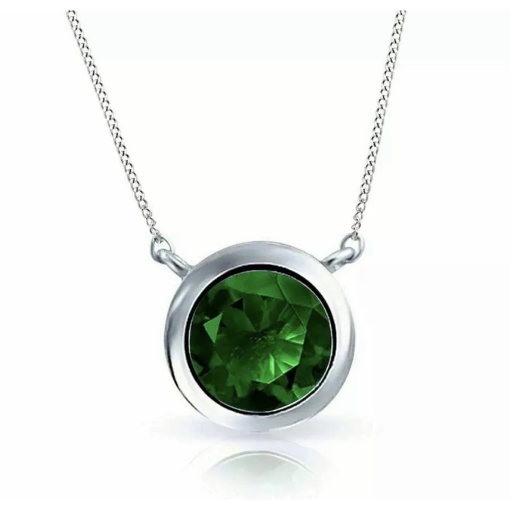 1Ct. Emerald Solitaire Pendant 18" Chain 14K White Gold Over 925 Silver Necklace